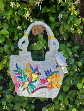 Beaded Floral Parrot Bag in White